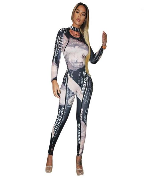 

money dollar printed moto biker skinny jumpsuit women fashoin long sleeve high waist bodycon romper street style party bodysuits w9136044, Black;white