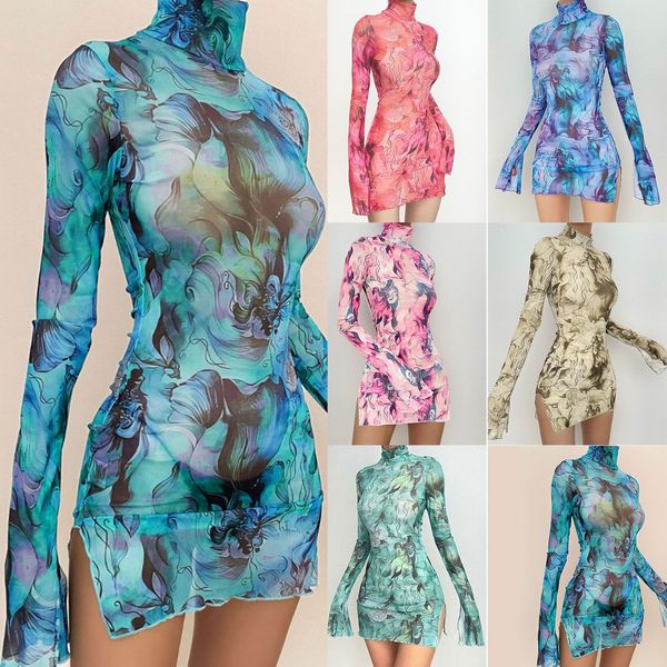 

basic casual dresses ladies mesh printed round neck bell sleeve side open hip dress long satin dress for women 230824, Black;gray