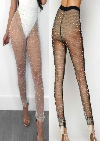

womens beadings stretch pencil pants summer ladies see through long pants trousers mesh sheer high waist pantyhose pantalon17692224, Black;white