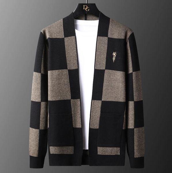 

men's luxurious sweaters grade autum winter designer knit cardigans v-neck sweater men casual checkered bee coats jacket clothes, White;black