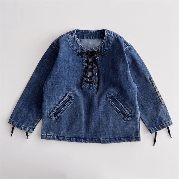 

fashion girls back printed denim sweatshirt ins kids lace-up peathwork cowboy long sleeve jumper autumn children casual s0417, Black