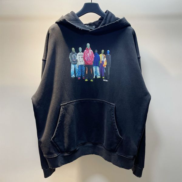 

2023ss bale men painted hoodie loose casual fashion printing hooded exclusive portrait heavy industry printed washable men hoods, Black