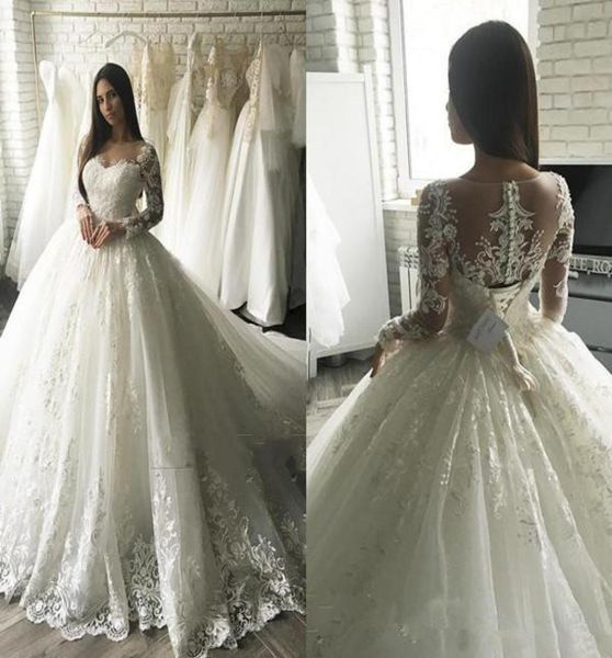 

2019 luxury country wedding dresses ball gown sheer neck long sleeve sweep train bridal gown with lace applique plus size wedding 6989148, White