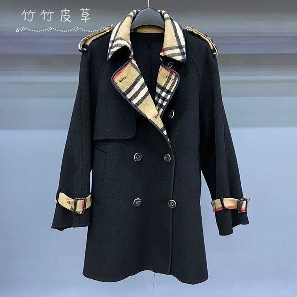 

women woolen coats burb designer trench coat fashion windbreaker double-sided wool long overcoat women's lapel jacket, Black