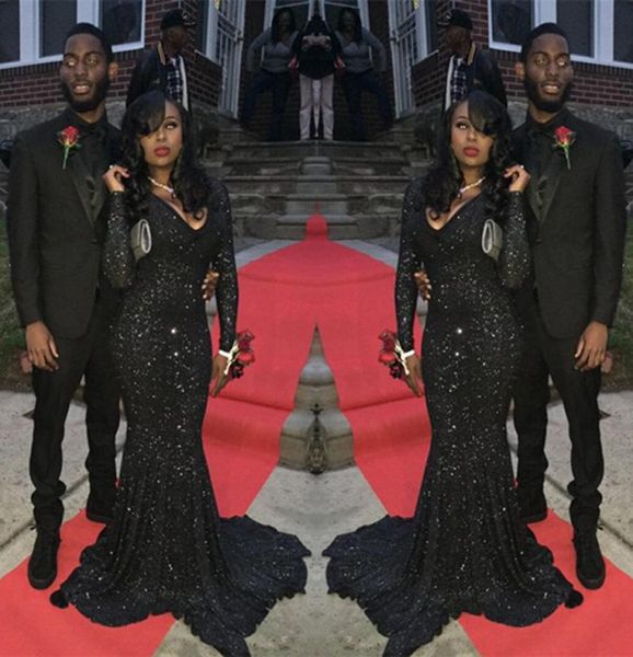 

bling mermaid black girl prom dress plunging neck sequins long sleeve south africa evening party gown custom made plus 1381068