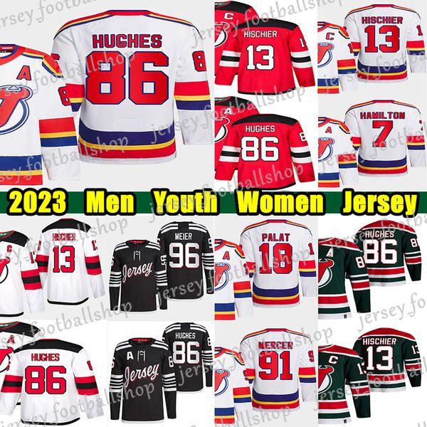 

#86 jack hughes reverse retro hockey jersey #63 jesper bratt nico hischier dougie hamilton palat luke hughes nico daws martin brodeur dawson, Black;red