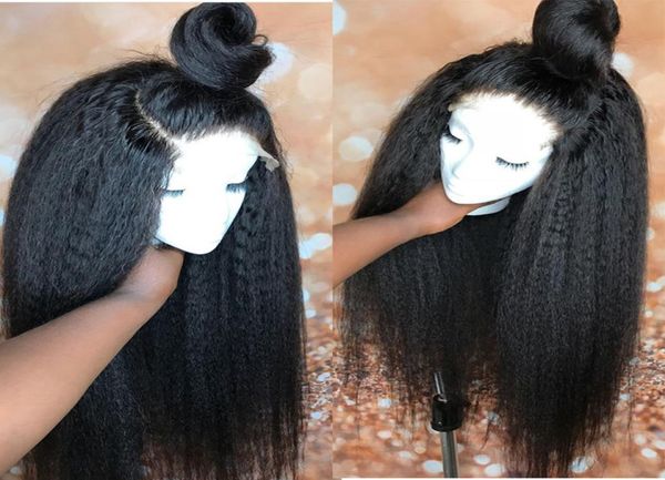 

yaki human hair lace front wigs brazilian hair kinky straight lace front wigs swiss lace cap bleached knots9852536, Black;brown