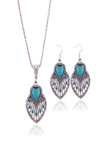 

retro bohemian hollow turquoise necklace earrings set cute leaf pendant jewelry sets for women jewelry accessories1212335, Silver