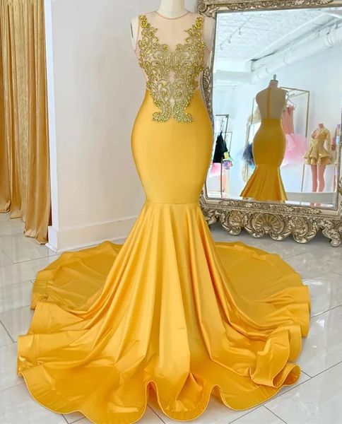 

prom party gown yellow evening dresses mermaid trumpet new custom plus size formal zipper satin o-neck sleeveless sweep train illusion appli, Black