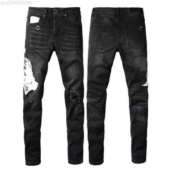 

flared jeans stacked purple designer man long pants trousers streetwear washed old jeans hole 28-40 crql, Blue