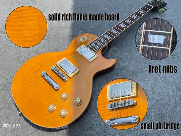 

electric guitar solid flame maple board, hh chrome cover, no pickguard, small needle, bridgehead stock, 2 freight, nitro half glo