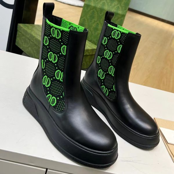 

stylish elastic short boots designer martin boot thick soled round toe leather women rain boots patchwork casual flat bottomed motorcycle bo, Black