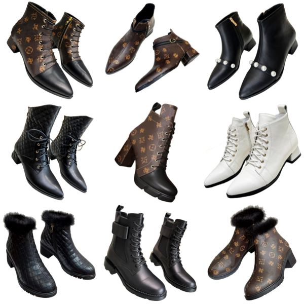 

boots classic women's ankle boots luxury letter half boots old flower martin boots genuine leather chunky heel fashion boots lace up si, Black