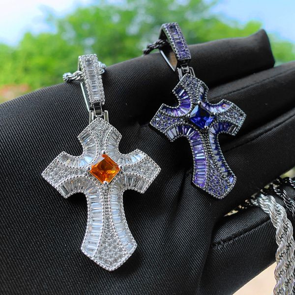 

hip hop punk square zircon cross pendant necklace 18k real gold plated religion jewelry, Silver