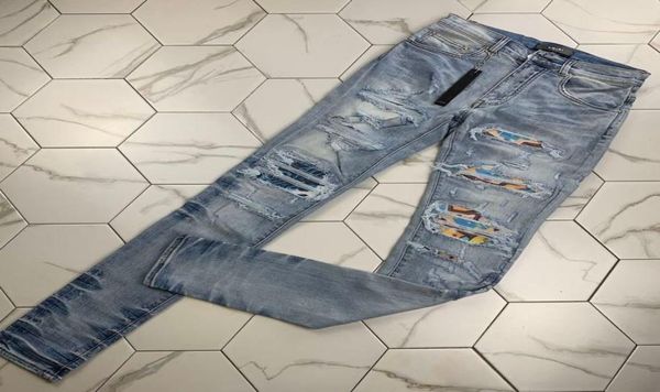 

new personality fashion embroidered pants slightly stretchy jeans trendy slim hole pants designer fashion brand trousers6772181, Blue