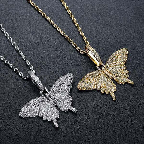 

iced out animal butterfly bling cubic zircon pendant necklace with cuban chain gold silver men women hip hop rock jewelry334e