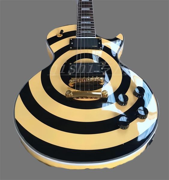 

zakk wylde bullseye cream & black electric guitar emg 8185 pickups gold truss rod cover white mop block fingerboard inlay