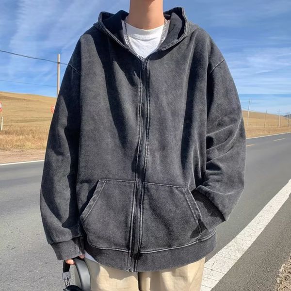 

men's tracksuits american style hooded sweatshirt zip up hoodie harajuku retro streetwear women loose jacket spring fall 2023 in 230824, Gray