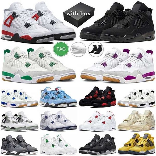 

box with 4 basketball shoes men women jumpman 4s pine green black cat purple sapphire red cement white cement sail tour yellow mens trainers