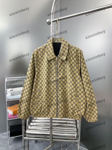 

xinxinbuy men designer coat jacket double sided letter jacquard fabric long sleeve women gray black white khaki s-2xl, Black;brown