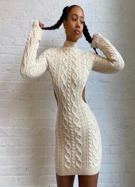 

casual dresses women autumn winter knit sweater dress turtleneck cable long sleeve backless basic wool mini slim fit clothes2100450, Black;gray
