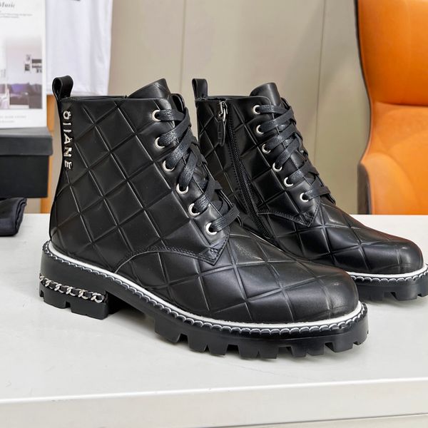 

plaid leather ankle boots christmas boots platform slip on round flat platform half boots luxury designer high women's chunky heel ride, Black