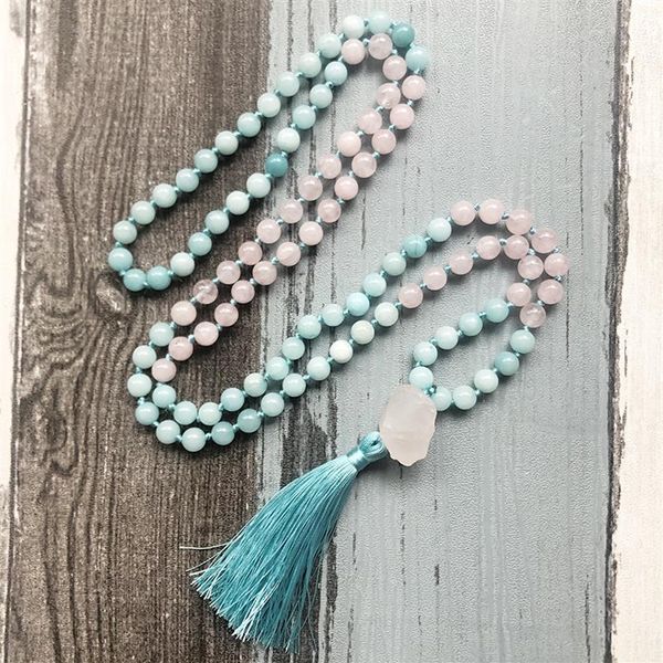 

chains raw stone pendant mala necklaces rose q-uartz and blue knotted necklace 108 beads tassel womens gift for her1870, Silver