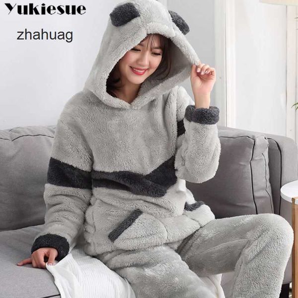 

autumn winter women pyjamas sets pajamas sleepwear suit thick warm coral flannel nightgown female cartoon animal pijama mujer, Black;red
