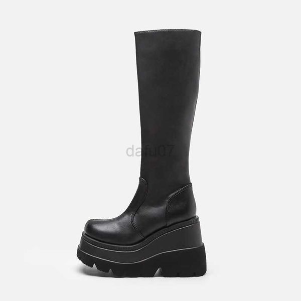 

boots women leather shoes spring winter high platform heels elasticity motorcycles black boots goth zip women's boots knee high