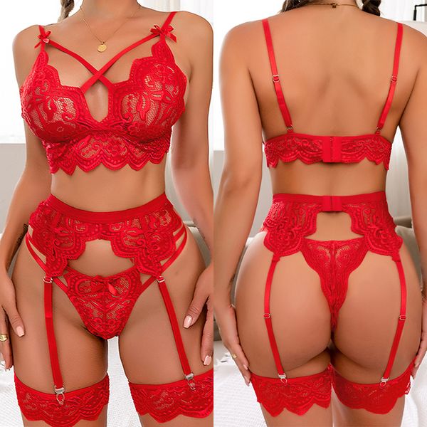 

set exotic sets women lingerie 3pcs bra and panty garters see through lace costumes babydolls sxl 230824, Red;black