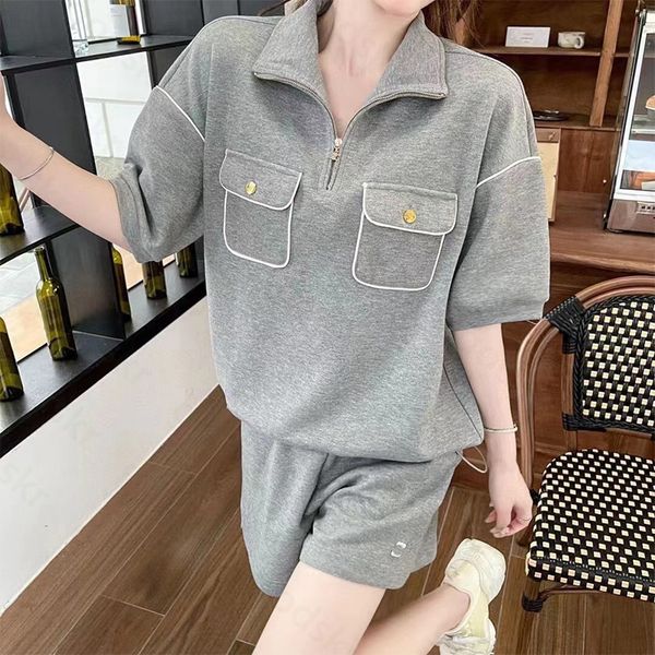 

casual women tracksuit shirt shorts pockets short sleeved hoodie fashion letter elastic waist shorts gold button blouse sports set, Gray