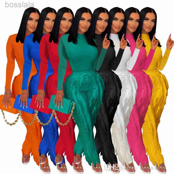 

designer women tassel two piece pants set 2023 fall clothes ladies long sleeve bodysuit jumpsuit and drawstring trousers matching outfits, White