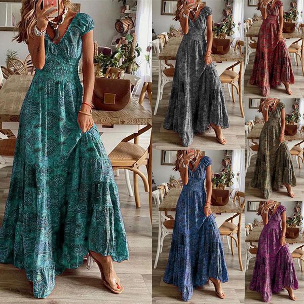 

basic casual dresses women vintage long dresses summer floral print bohemian beach sundress female casual v neck big swing maxi dresses vest, Black;gray