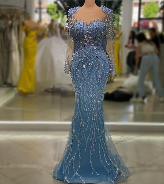 

2023 august aso ebi sky blue mermaid prom dress pearls crystals evening formal party second reception birthday engagement gowns dresses robe, Black