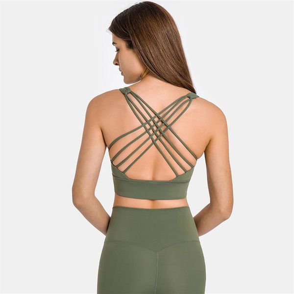 

l-2010 strappy open-back bra yoga stretch sports bra cross strap tank fitness bras vest with removable cups236j