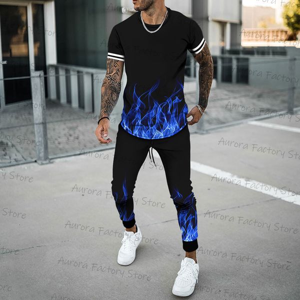 

men's tracksuits summer tracksuit colorful flame pattern tshirttrousers set casual stylish suit streetwear fashion outfit male clothing, Gray