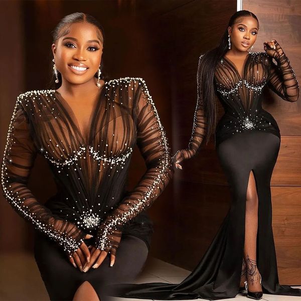 

prom party gown black evening dresses mermaid trumpet long sleeve beaded satin v-neck plus size custom new formal zipper tulle pleat