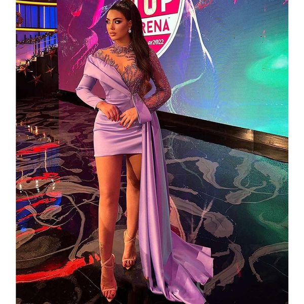 

saudi arabia lavender prom dresses sheath long sleeves short mini beaded black girls nigeria dubai robe de soiree evening gown