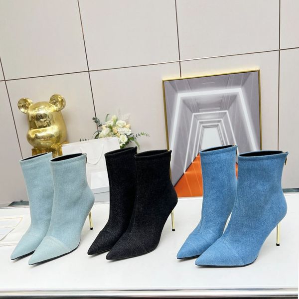 

qualit color jeans denim ankle zip boots pointed toe stiletto heels printed leather sole women' luxury designer chelsea shoes factory f, Black