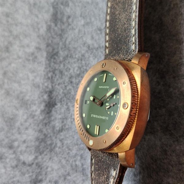 

47mm bronze brass case big guy automatic men watch sapphire crystal waterproof vs vsf 382 00382 968 00968 genuine cow 243n, Slivery;brown