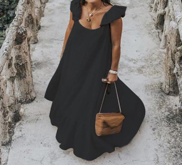 

summer celmia long ruffles dress casual short sleeve oneck pleated maxi dress plus size bohemian beach bodycon vestidos8967280, Black;gray