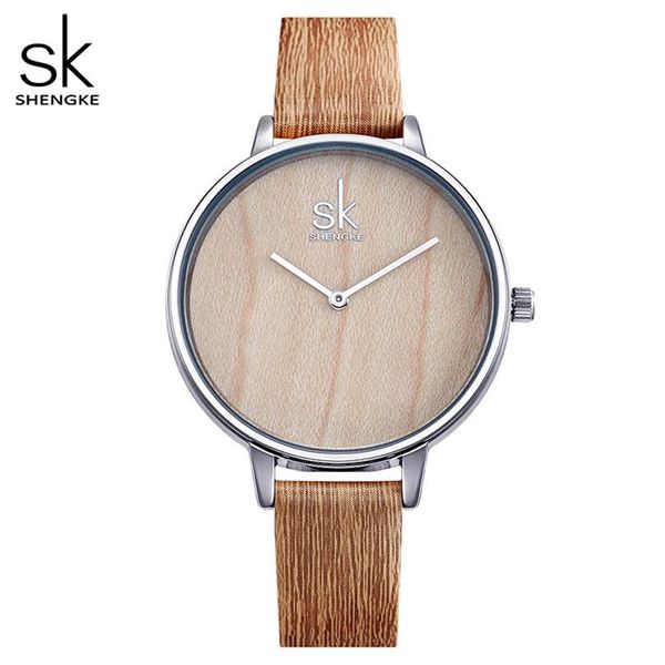 

shengke new creative women watches casual fashion wood leather watch simple female quartz wristwatch relogio feminino2773, Slivery;brown