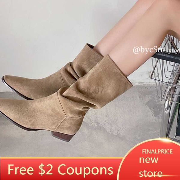 

boots women natural suede western boots chunky pointed toe short boots retro pleated fashion boots female autumn winter botas, Black