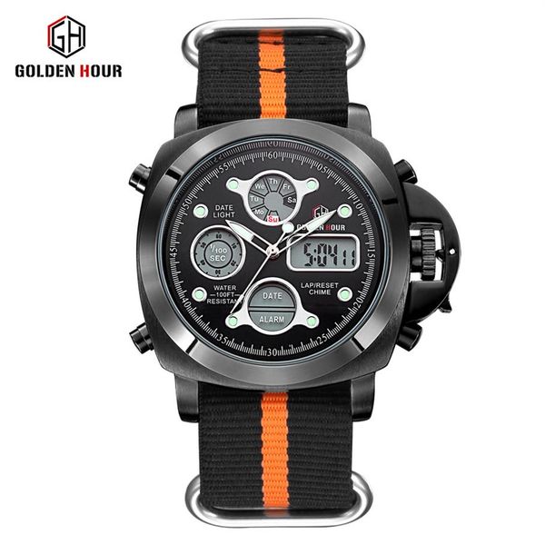 

reloj hombre goldenhour outdoor sport watch men canvas strap watches auto date display man wrist watch relogio masculino230s, Slivery;brown