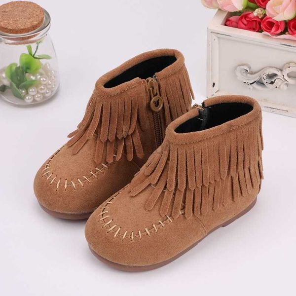 

boots fringes girls ankle boots princess sweet red brown black flock fabric warm rubber boots for toddler kids tassels shoes for girls l0824, Black;grey