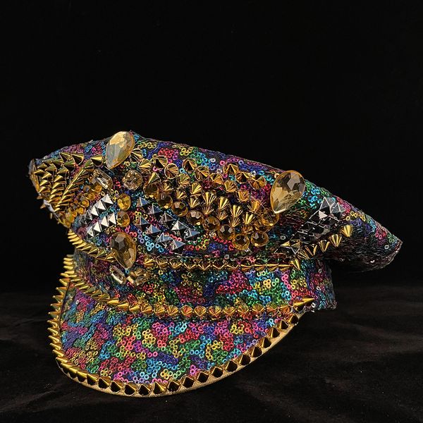 

berets luxury women military hat handmade punk rivet sequin burning captain sergeant pearl rave festival part 230824, Blue;gray