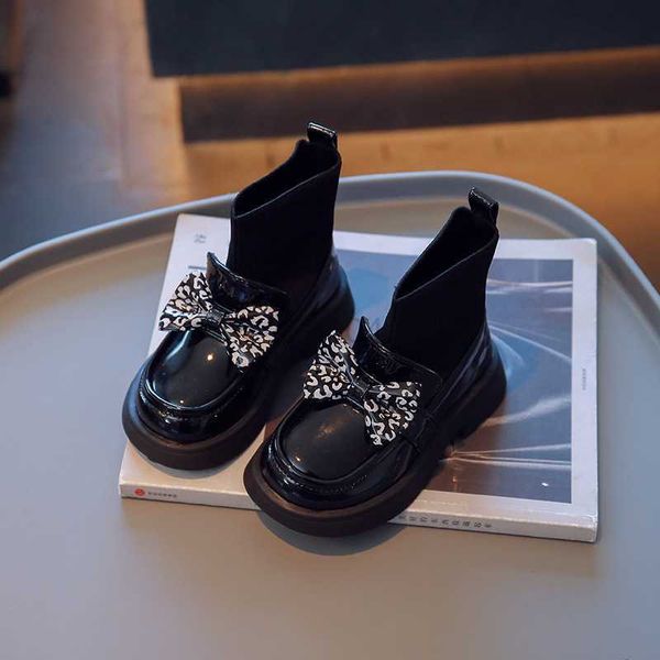 

boots 2023 autumn winter new children' boots leopard bow girls fashion boots black simple casual kids leather shoes h361 l0828, Black;grey