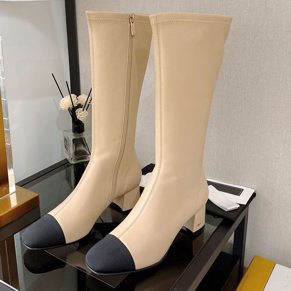 

23ss f/w womens knee boots chunky heel elastic sheepskin classic square toes with zipper western motorcycle work leisure shoe quilted textur, Black