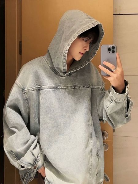 

mens spring pullover hooded washed denim sweatshirt worn patchwork fashion denim top, Black