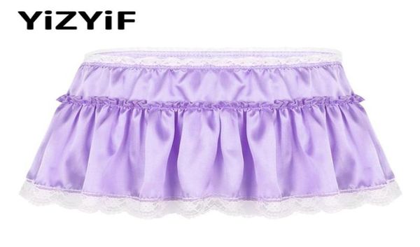 

men micro mini skirt smooth satin elastic high waist lace hem short frilly ruffled aline sissy panties fancy dress men0396073820